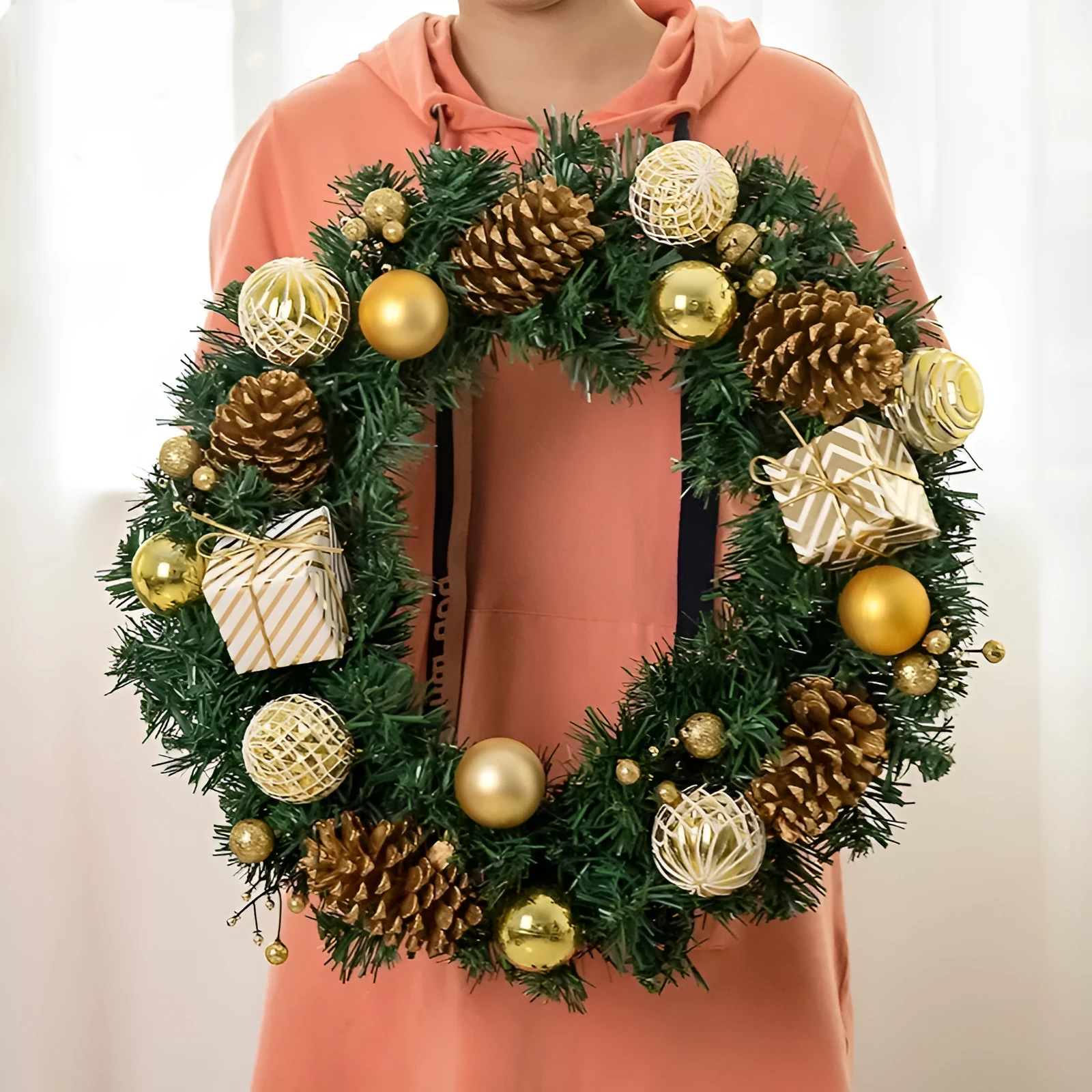 DIY rattan Christmas wreath ring door hanging decoration with red gift bag garland, PVC material, 25cm size