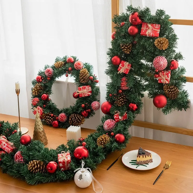 DIY rattan Christmas wreath ring door hanging decoration with red gift bag garland, PVC material, 25cm size