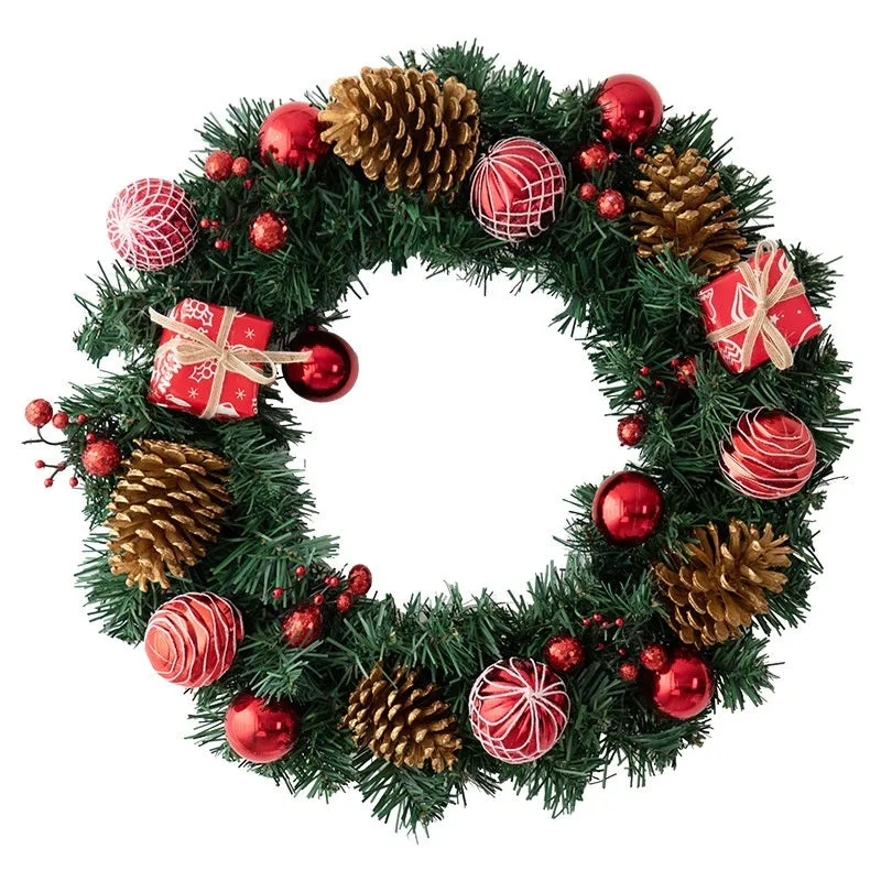 DIY rattan Christmas wreath ring door hanging decoration with red gift bag garland, PVC material, 25cm size