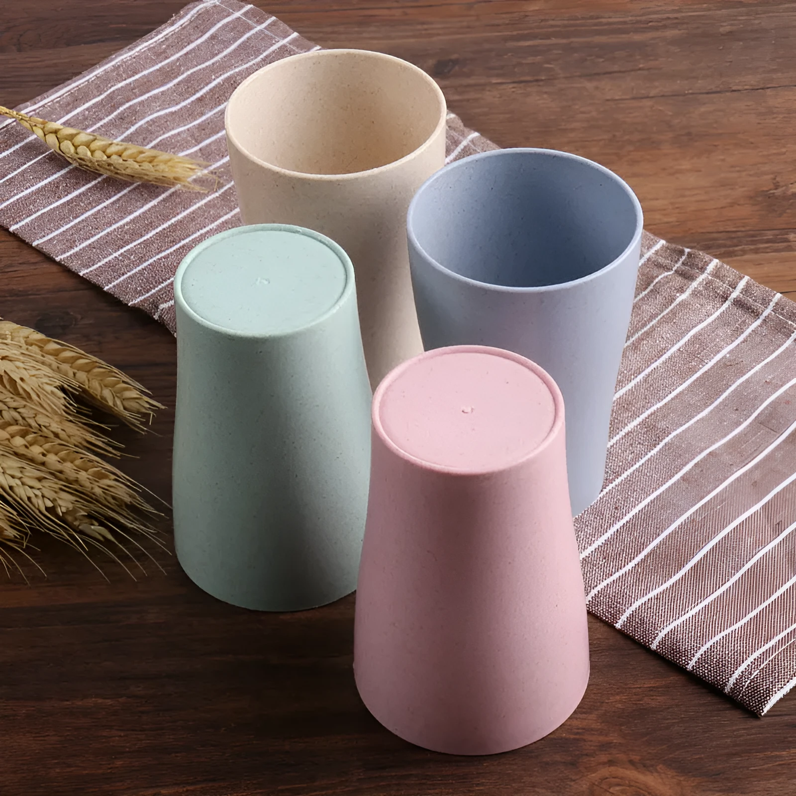 Nordic blue round water cup made from wheat straw PP with cylindrical single-layer design, 201-300ml capacity