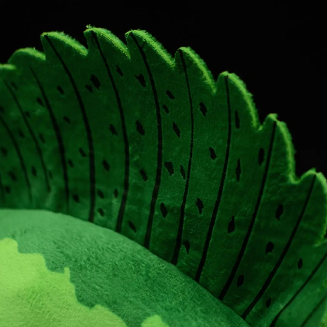 Green Spinosaurus simulation plush doll 45cm long from mouth to tail on plain background