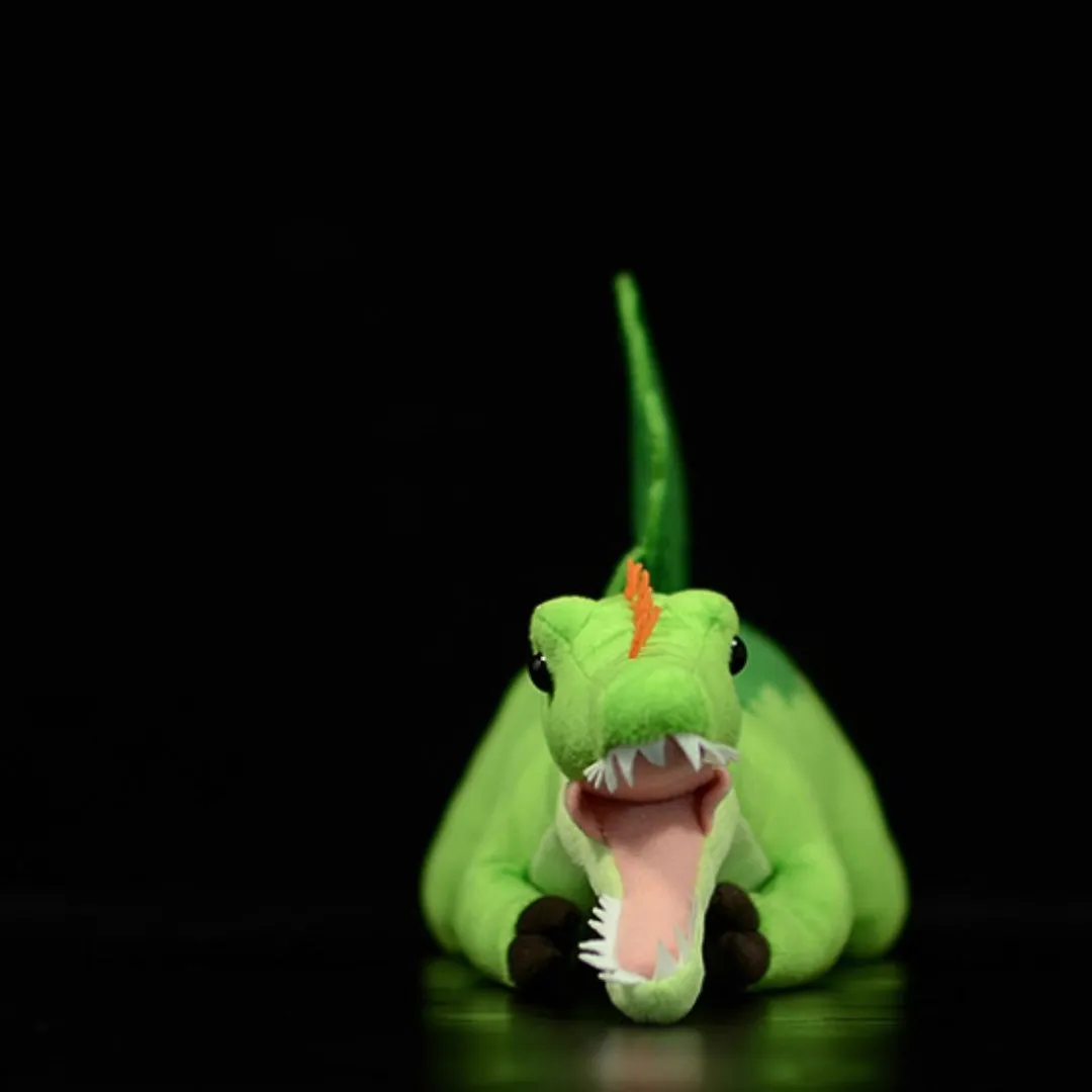 Green Spinosaurus simulation plush doll 45cm long from mouth to tail on plain background