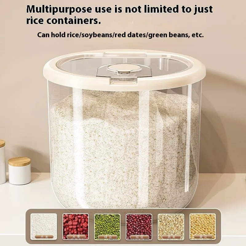 Transparent plastic grain storage tank with sealed lid, insect-proof and moisture-proof, available in 5kg to 25kg capacities, with rice measuring cup.