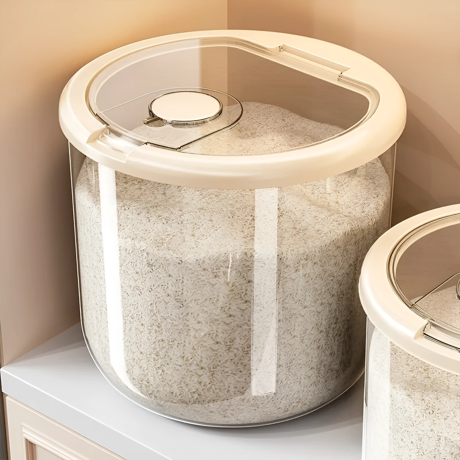 Transparent plastic grain storage tank with sealed lid, insect-proof and moisture-proof, available in 5kg to 25kg capacities, with rice measuring cup.