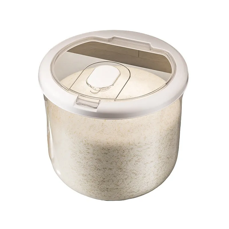 Transparent plastic grain storage tank with sealed lid, insect-proof and moisture-proof, available in 5kg to 25kg capacities, with rice measuring cup.