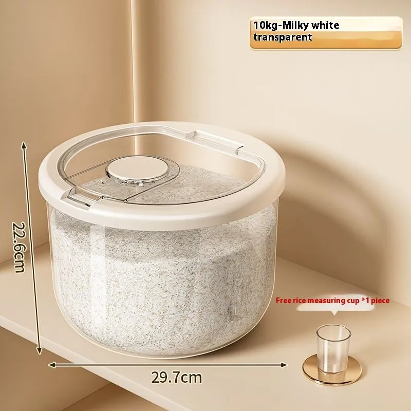 Transparent plastic grain storage tank with sealed lid, insect-proof and moisture-proof, available in 5kg to 25kg capacities, with rice measuring cup.