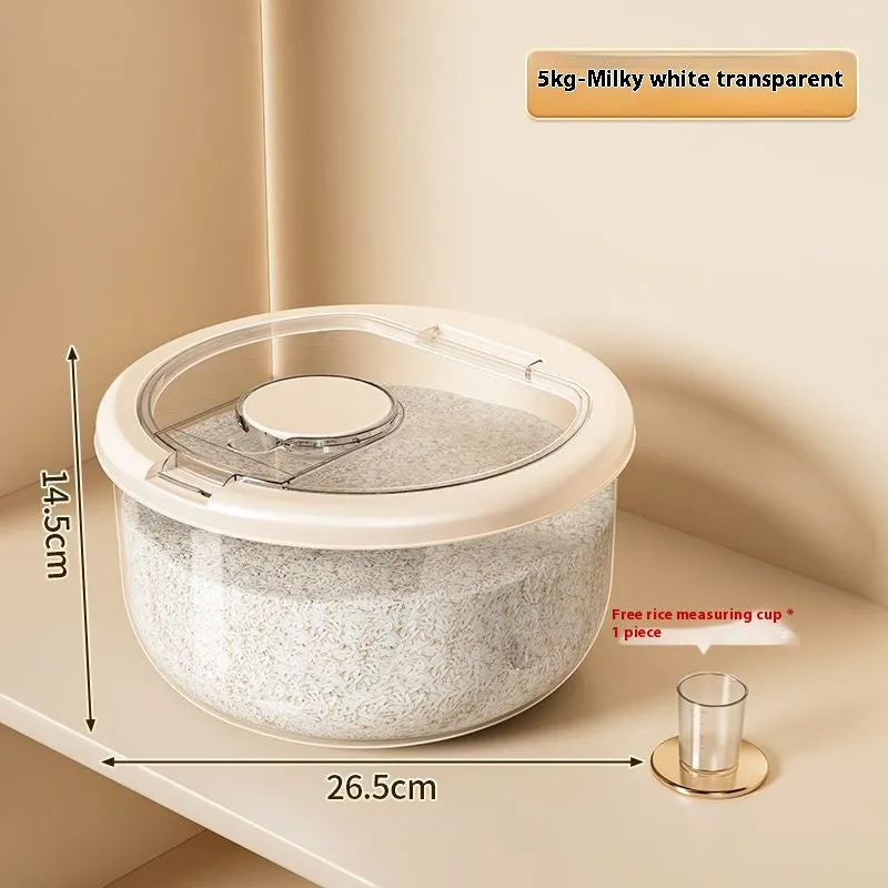 Transparent plastic grain storage tank with sealed lid, insect-proof and moisture-proof, available in 5kg to 25kg capacities, with rice measuring cup.