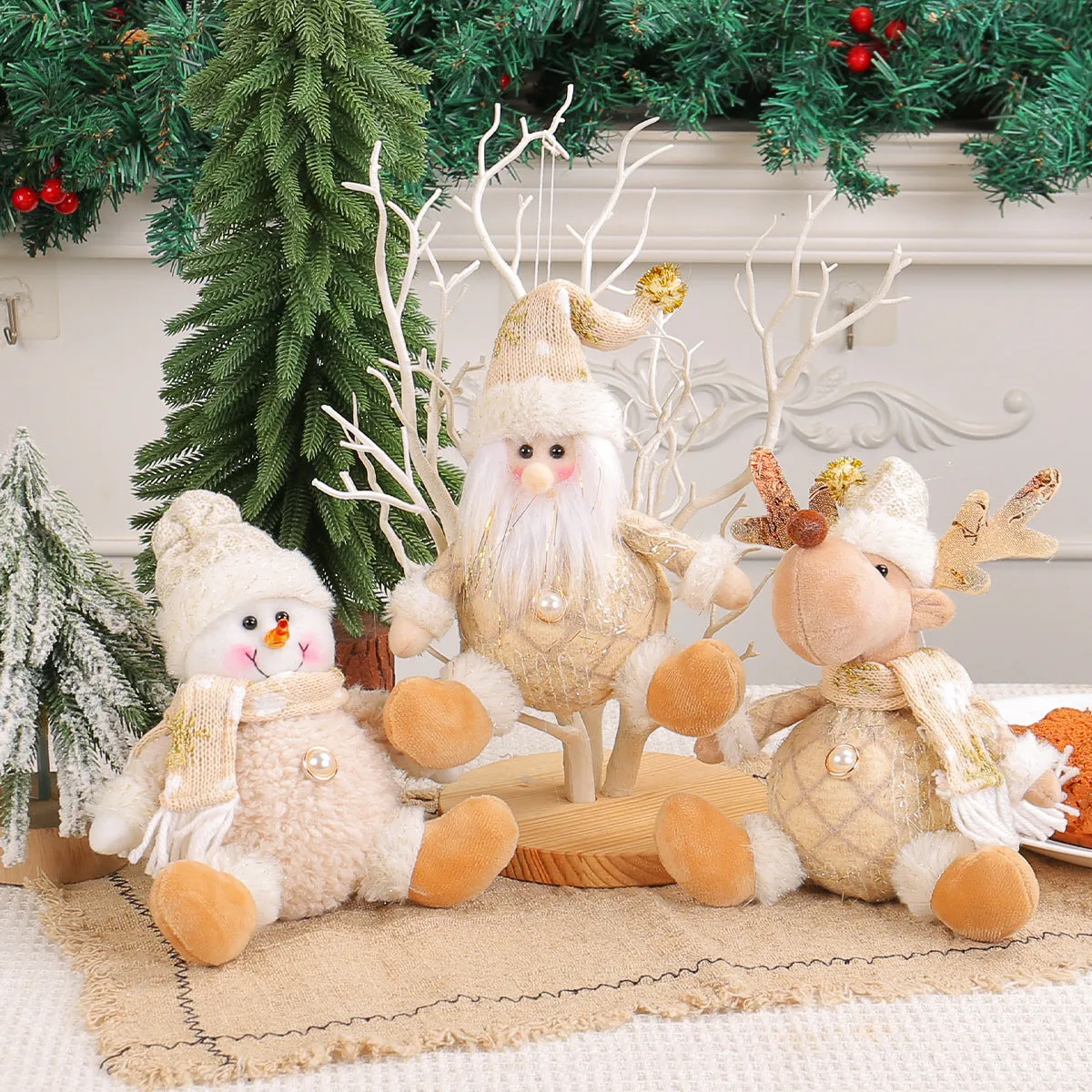 Santa Claus doll Christmas tree pendant with snowman and deer scene layout in plastic and cloth