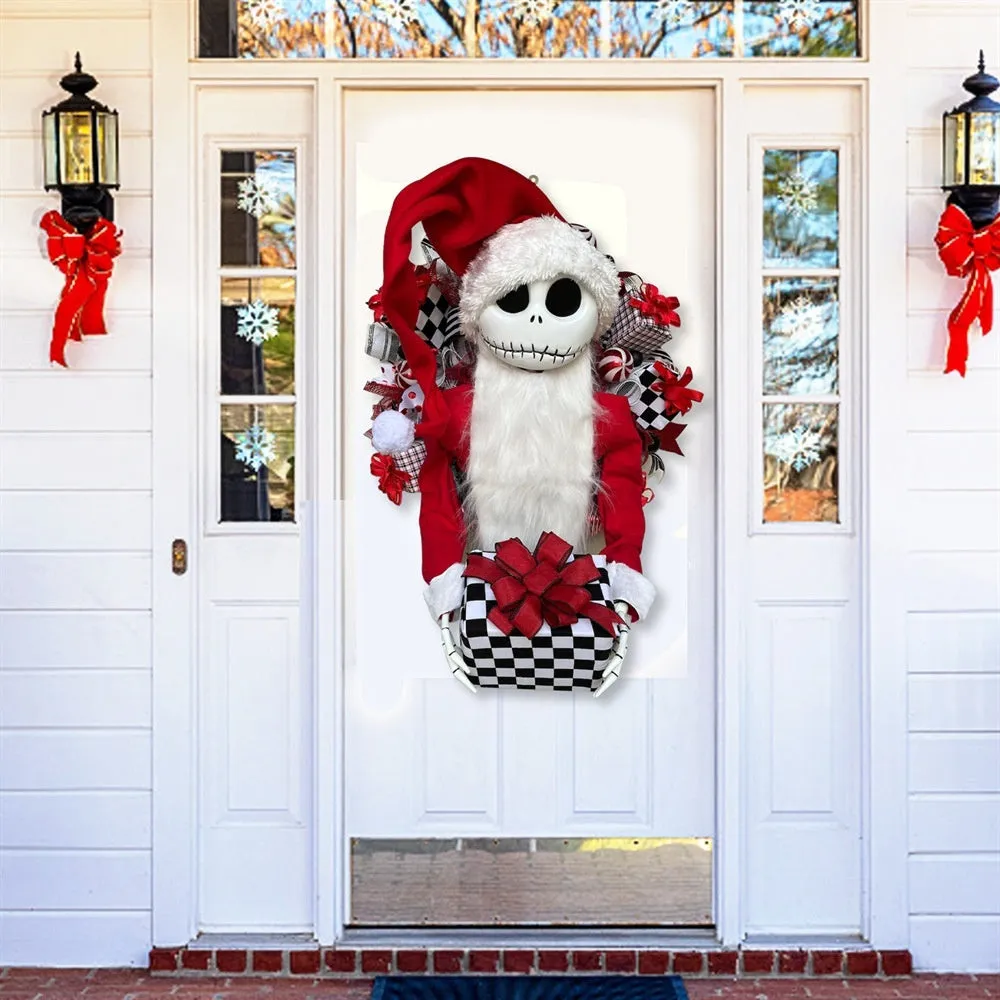 Three-dimensional Jack doll Christmas garland with wood and fabric construction for window displays