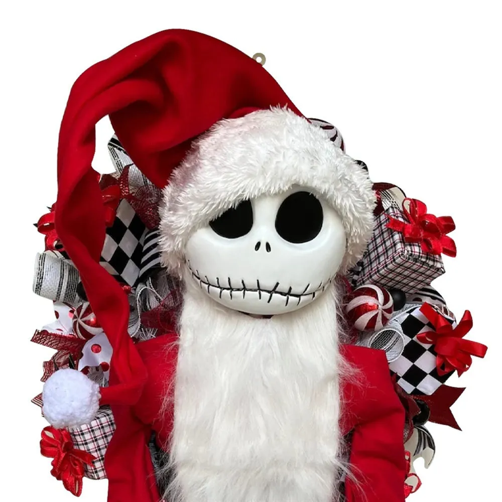 Three-dimensional Jack doll Christmas garland with wood and fabric construction for window displays