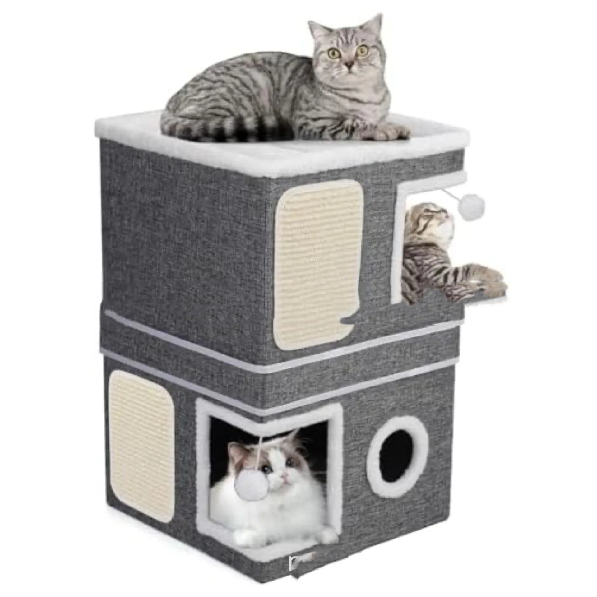 Foldable three-layer right angle cat nest in dark gray cloth measuring 40x40x61CM for dogs and cats