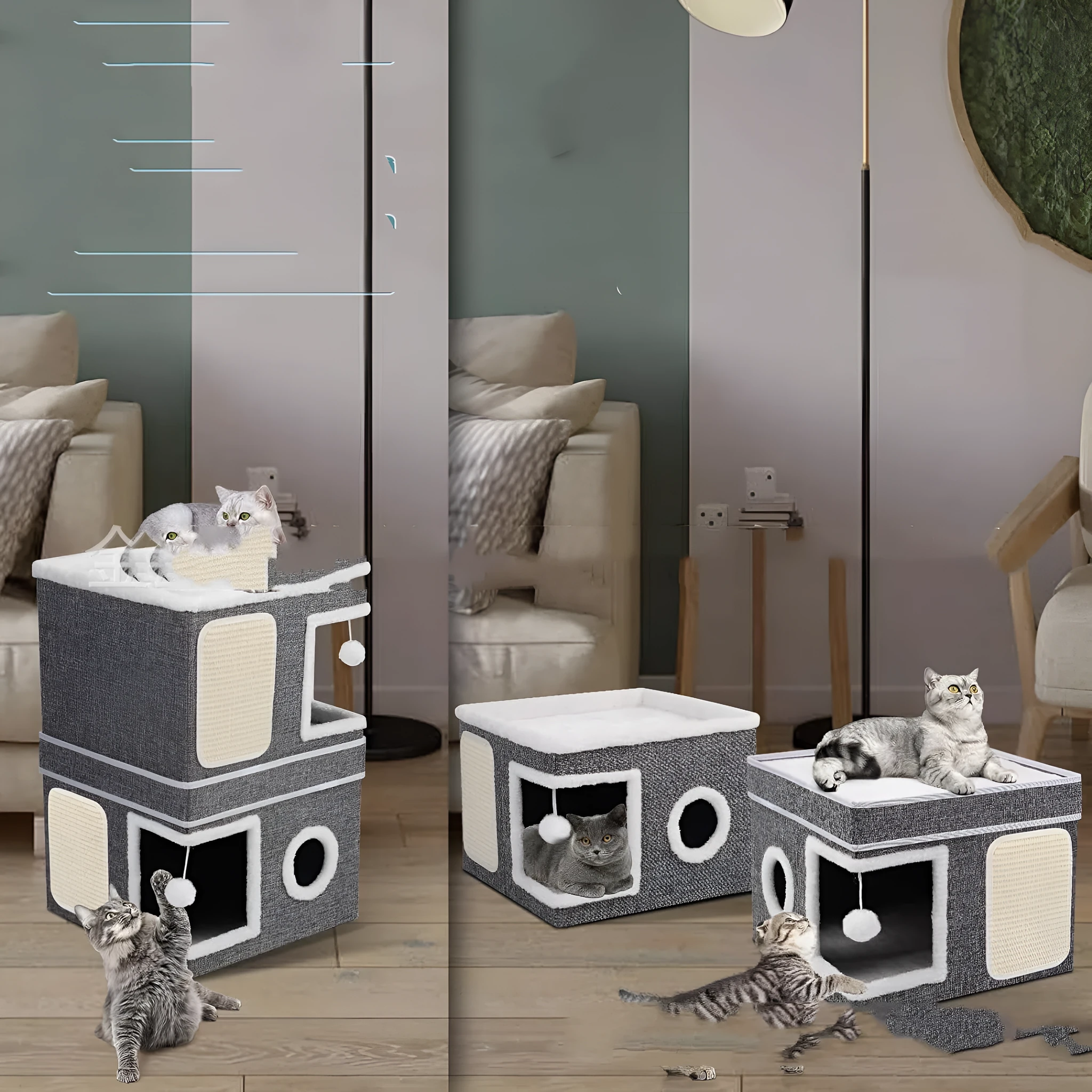 Foldable three-layer right angle cat nest in dark gray cloth measuring 40x40x61CM for dogs and cats