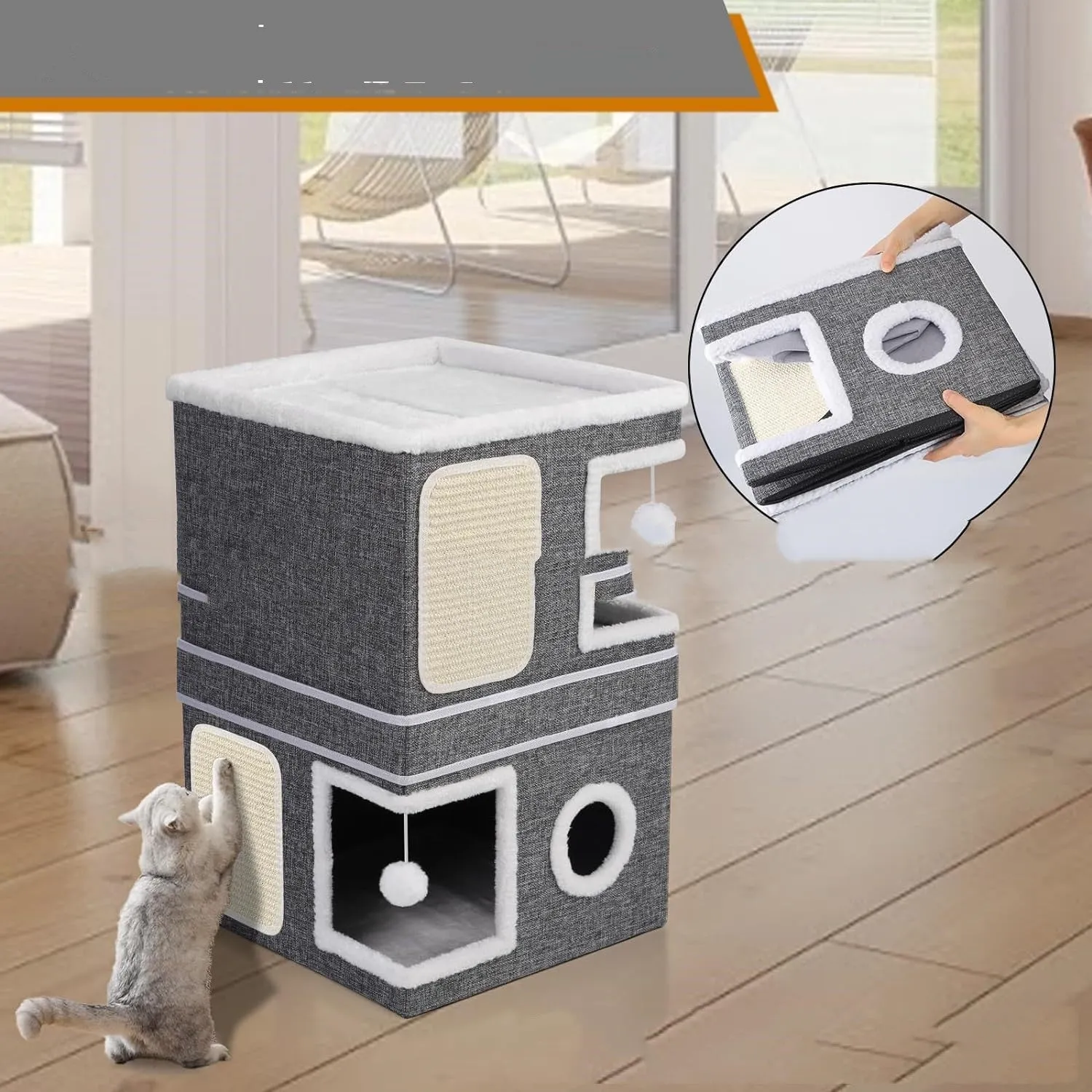 Foldable three-layer right angle cat nest in dark gray cloth measuring 40x40x61CM for dogs and cats