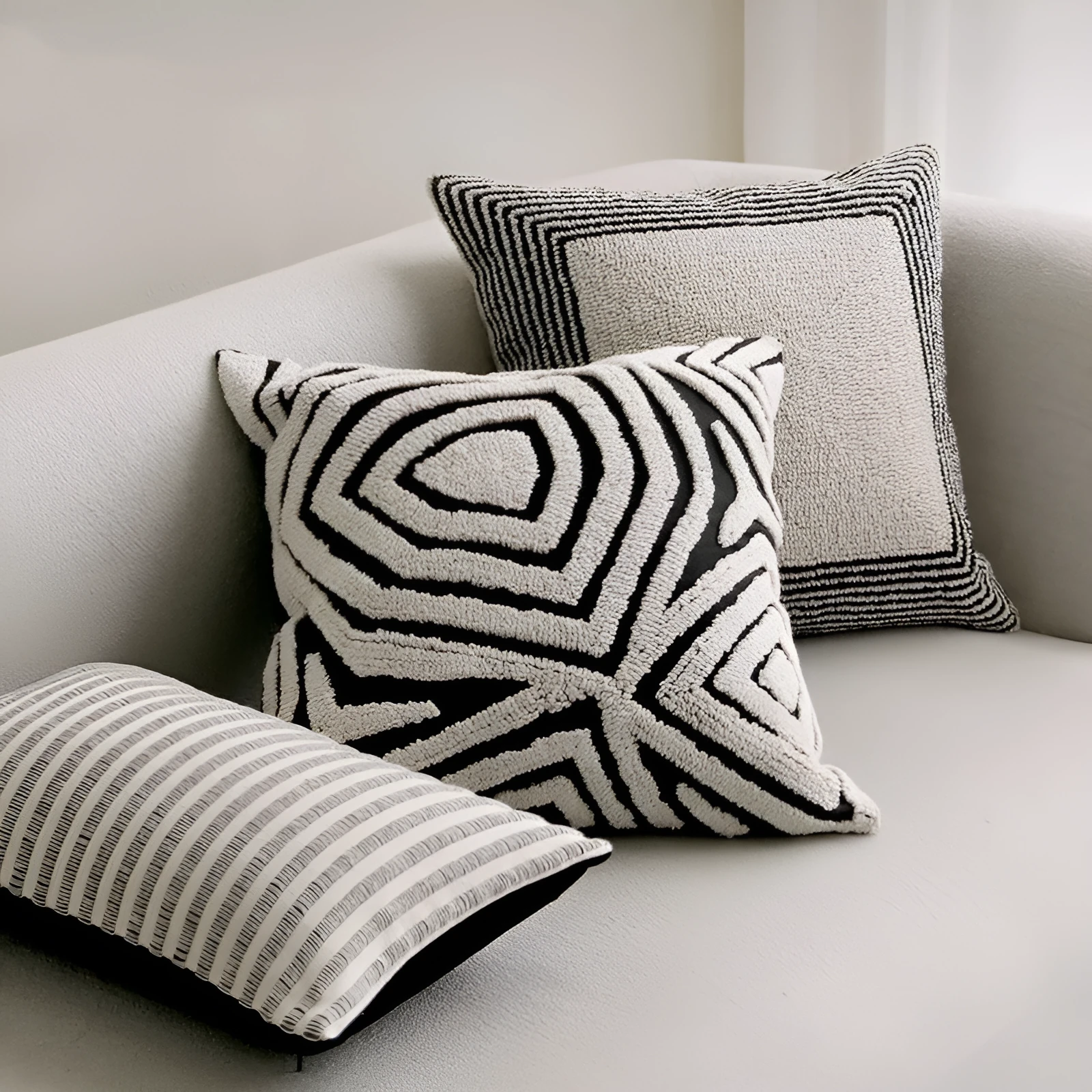 Black and white geometric patterned square and waist living room cushions with towel embroidery.
