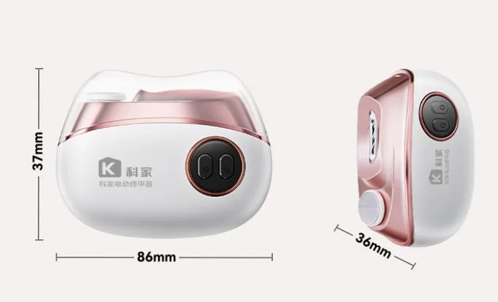 Blue automatic electric nail clipper and polisher with USB Type-C charging cable and cleaning brush.