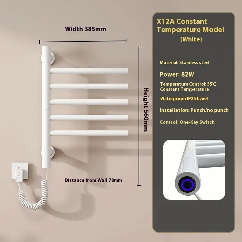 5-layer stainless steel electric towel rack in black with punch-free mounting and WiFi control