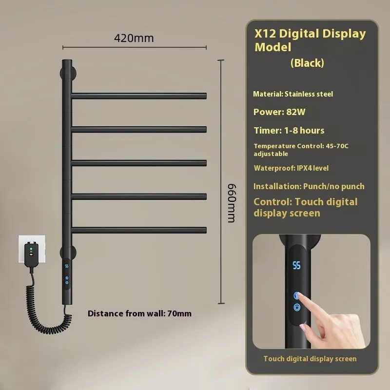 5-layer stainless steel electric towel rack in black with punch-free mounting and WiFi control
