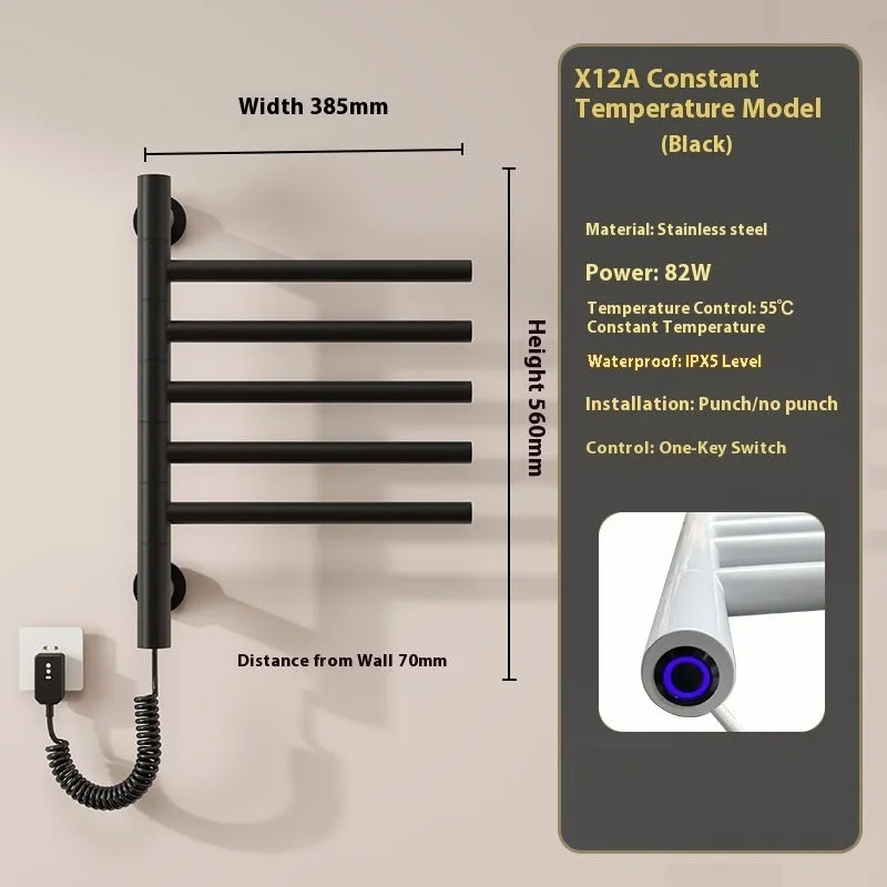5-layer stainless steel electric towel rack in black with punch-free mounting and WiFi control