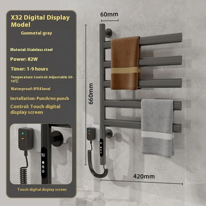 5-layer stainless steel electric towel rack in black with punch-free mounting and WiFi control