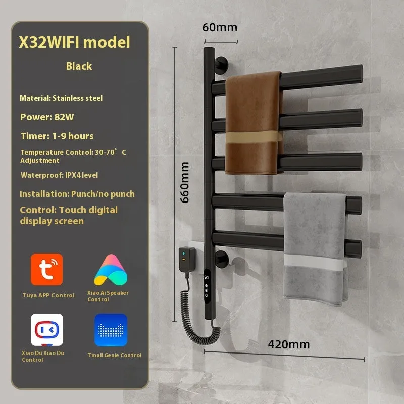 5-layer stainless steel electric towel rack in black with punch-free mounting and WiFi control