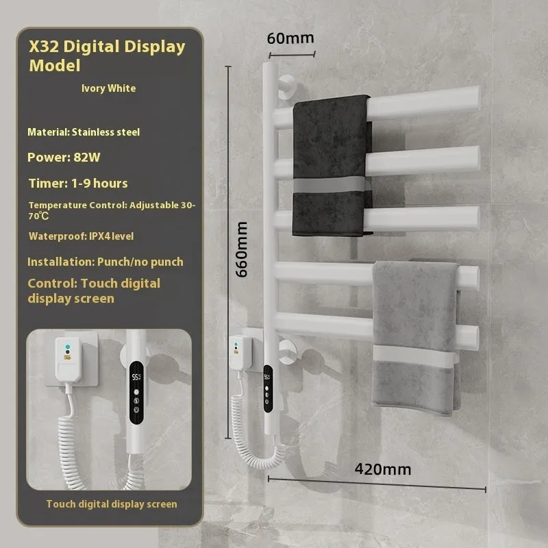 5-layer stainless steel electric towel rack in black with punch-free mounting and WiFi control