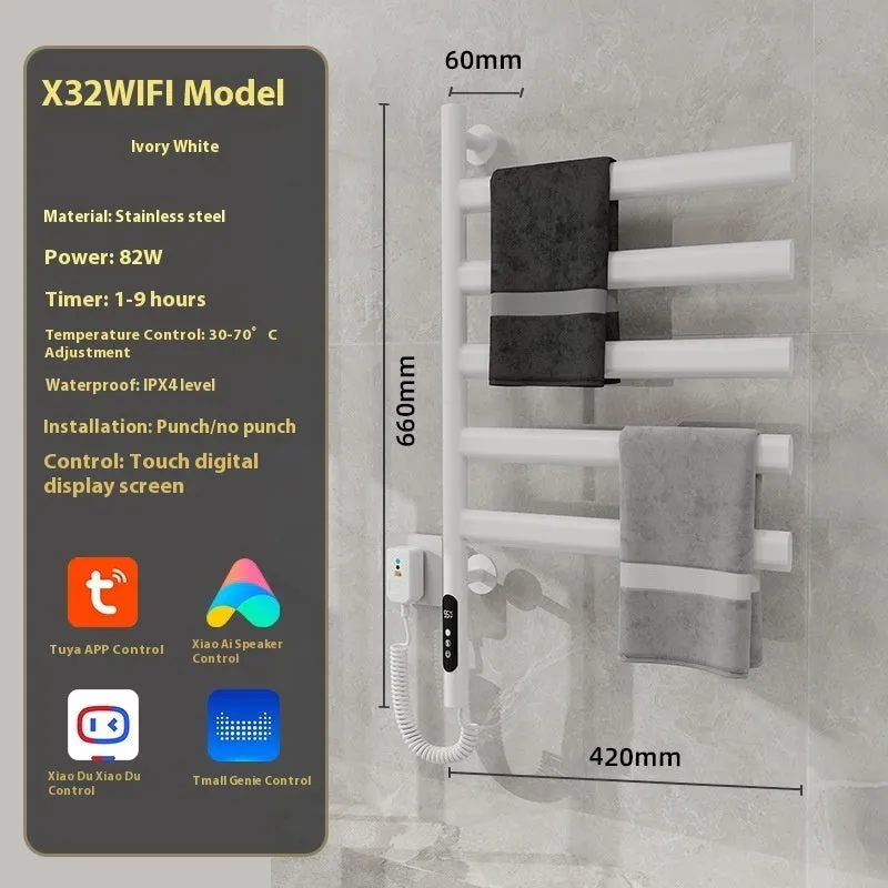 5-layer stainless steel electric towel rack in black with punch-free mounting and WiFi control