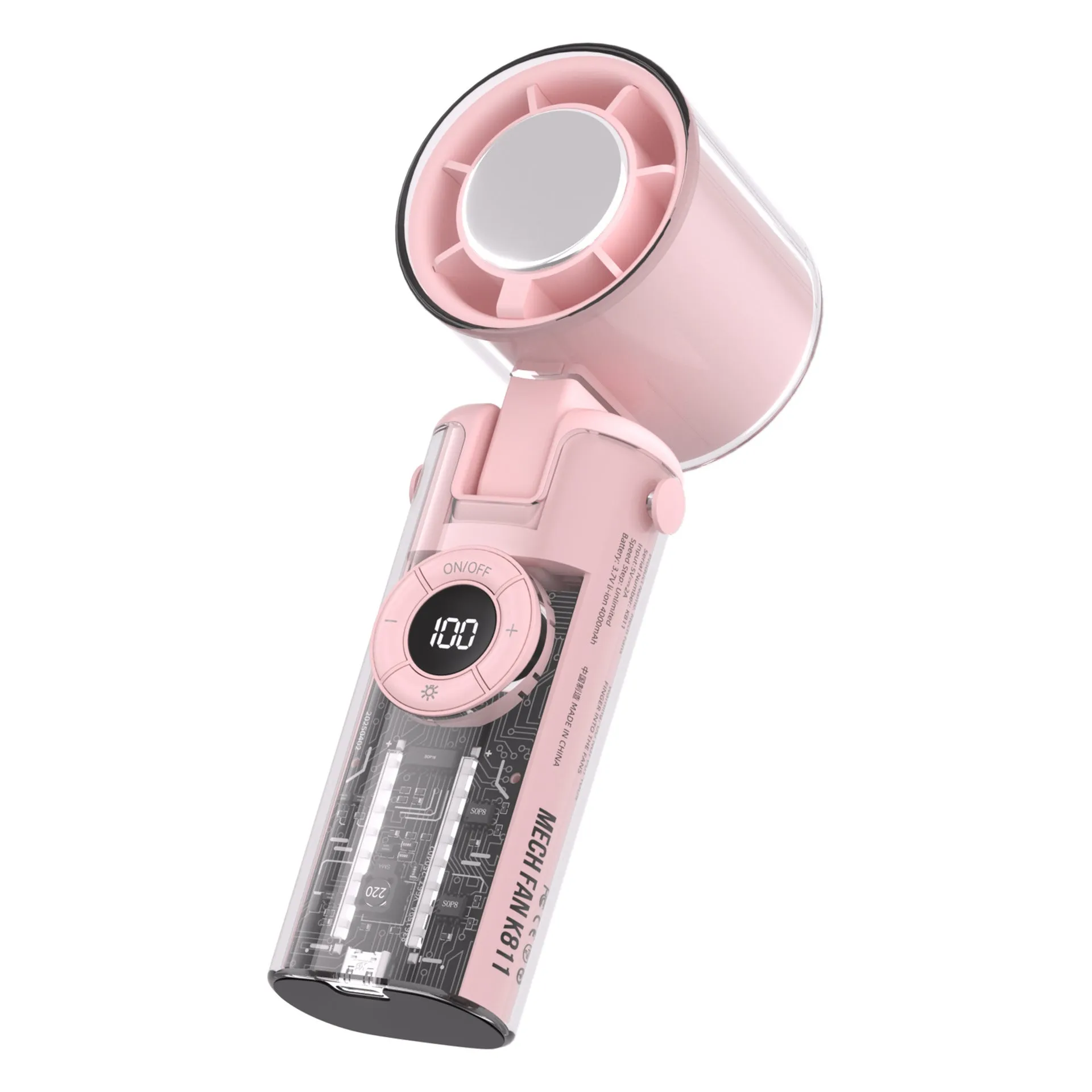 Black handheld personal cooling fan with LED light and neck lanyard strap on white background.