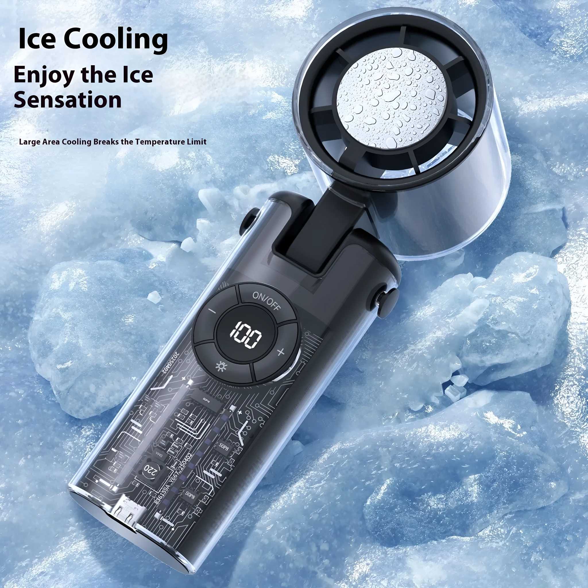 Black handheld personal cooling fan with LED light and neck lanyard strap on white background.