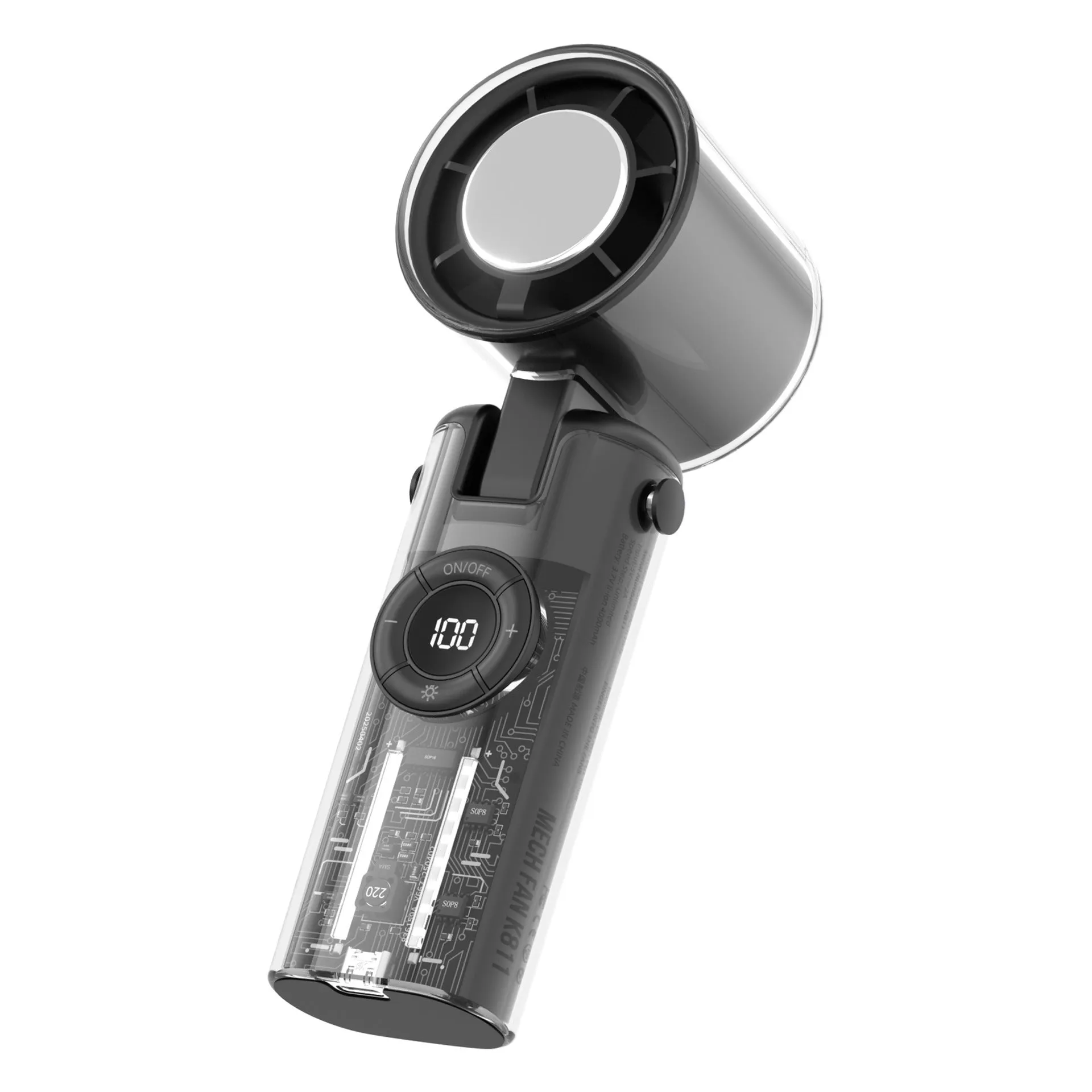 Black handheld personal cooling fan with LED light and neck lanyard strap on white background.