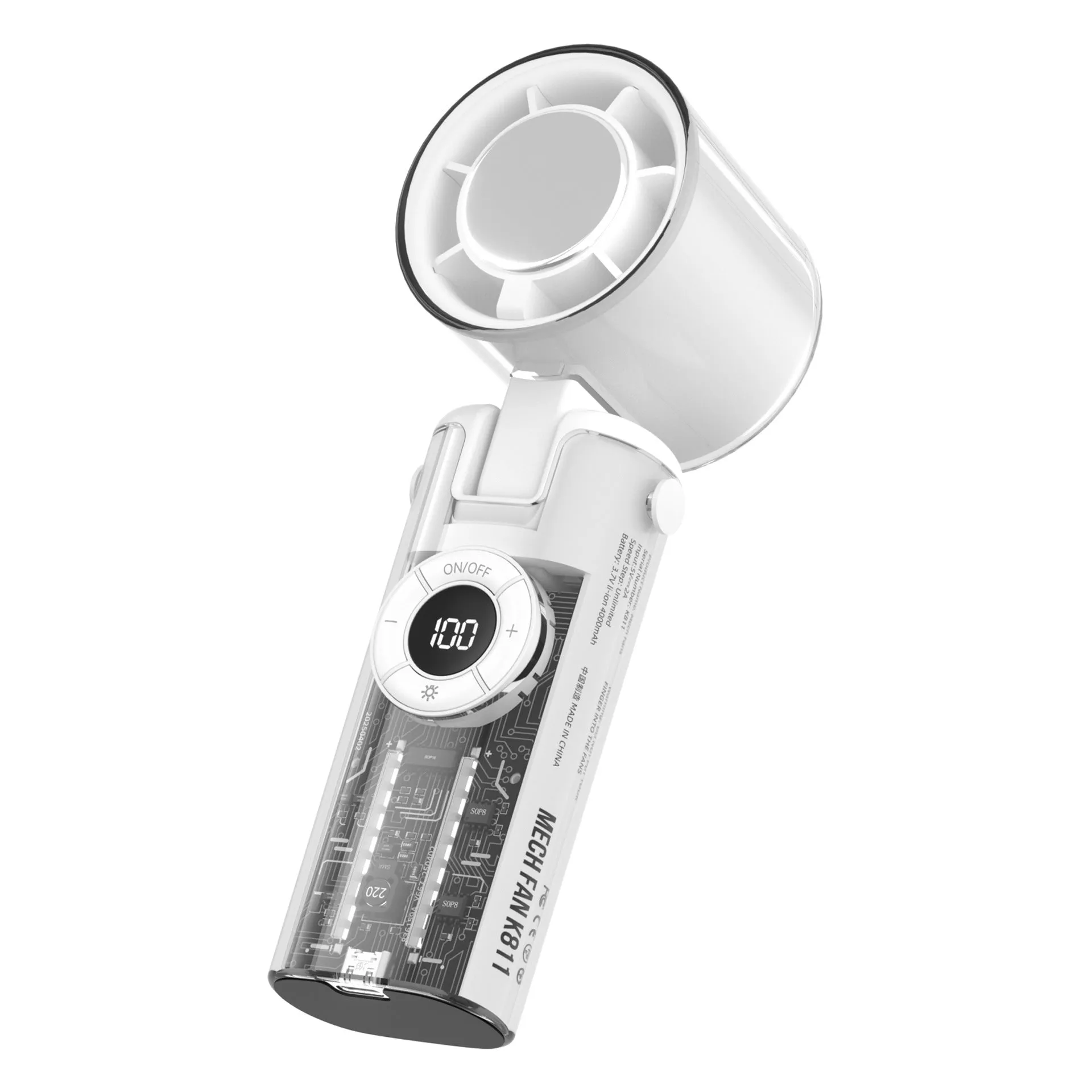 Black handheld personal cooling fan with LED light and neck lanyard strap on white background.