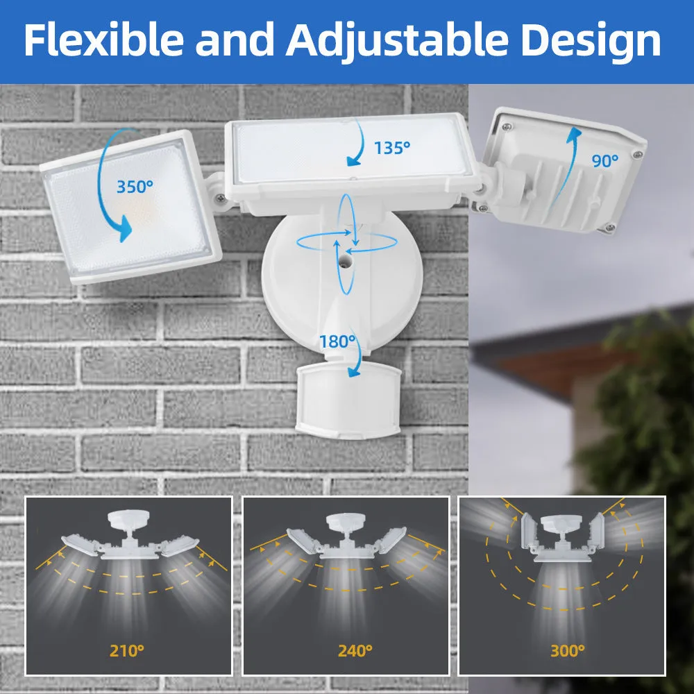 White and black LED security flood light with motion sensor for wall or ceiling mounting.