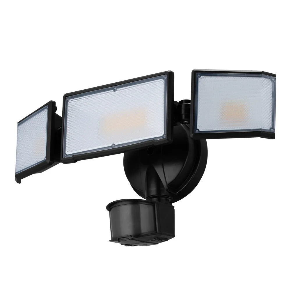 White and black LED security flood light with motion sensor for wall or ceiling mounting.