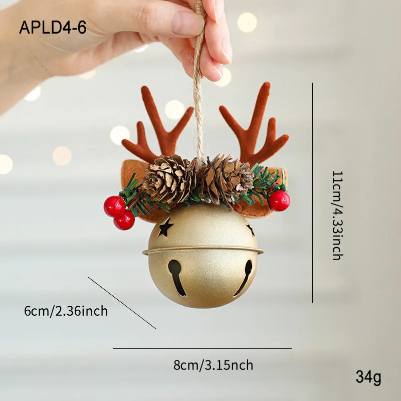 Wrought iron window hanging ornament with a jingling bell, antlers, and pine cone design in a choice of colours.