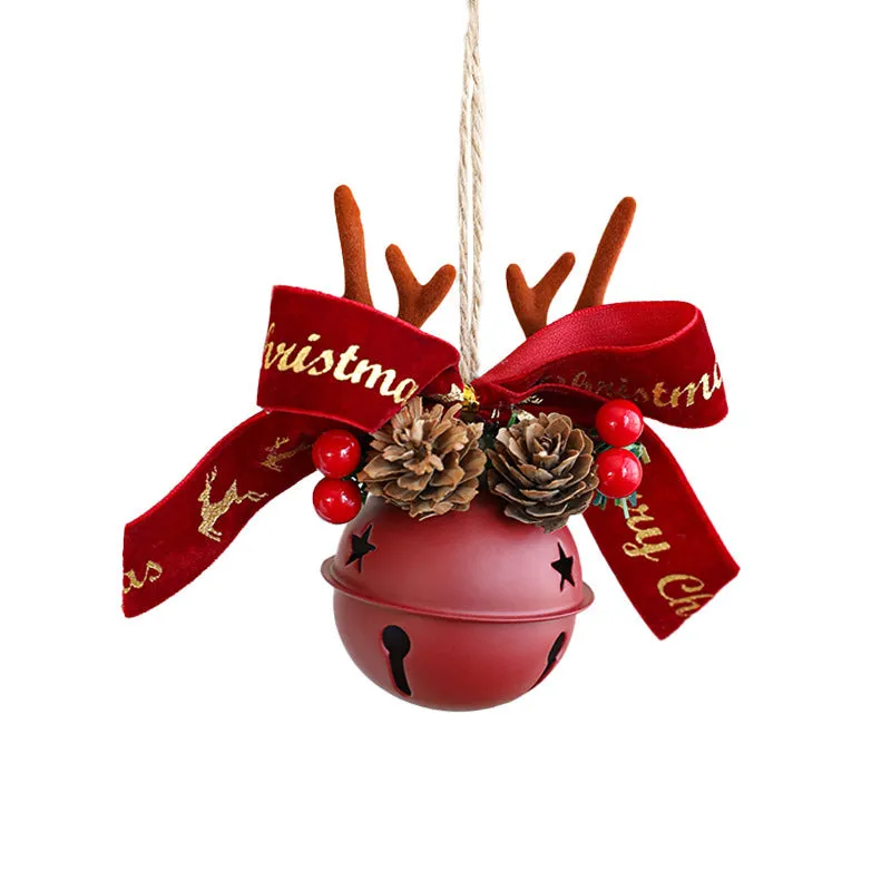 Wrought iron window hanging ornament with a jingling bell, antlers, and pine cone design in a choice of colours.