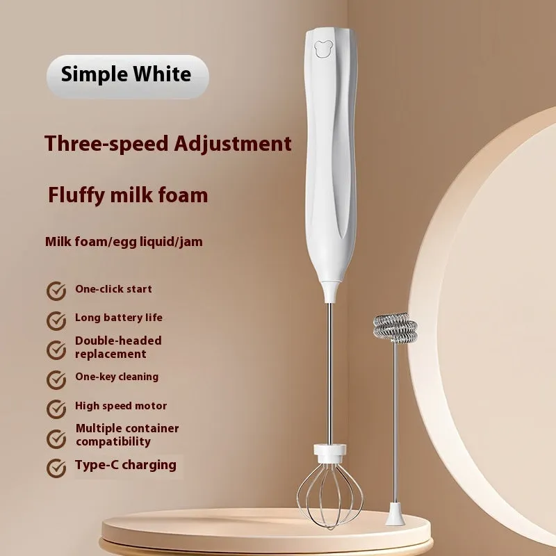 Handheld personalised milk frother in beige, black, or white with stainless steel whisk and Type-C charging port.