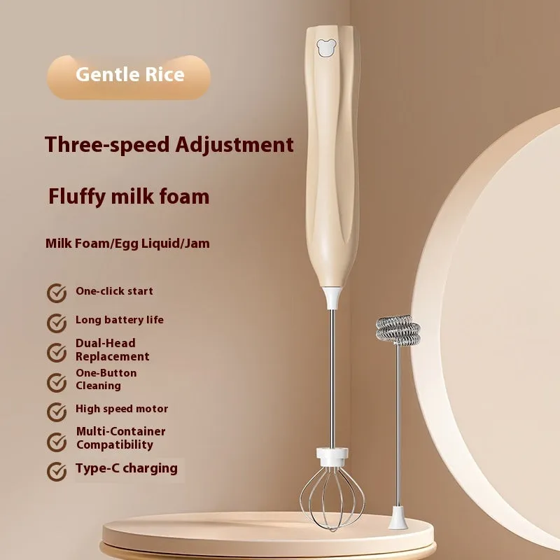 Handheld personalised milk frother in beige, black, or white with stainless steel whisk and Type-C charging port.