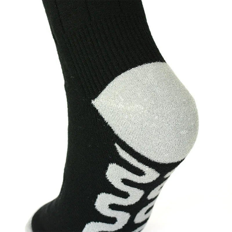Smart APP controlled heated ski socks in black and gray mesh with far infrared heating and USB rechargeable battery