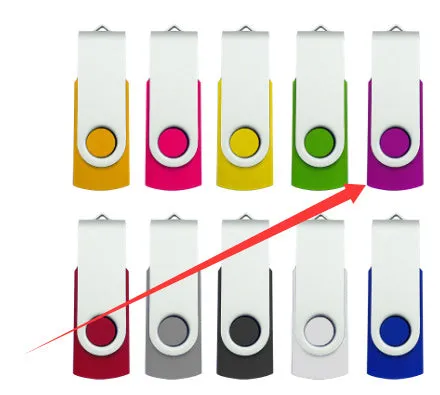 32GB rotating USB drive with metal and plastic case, indicator light, and compact 57x19x10mm size