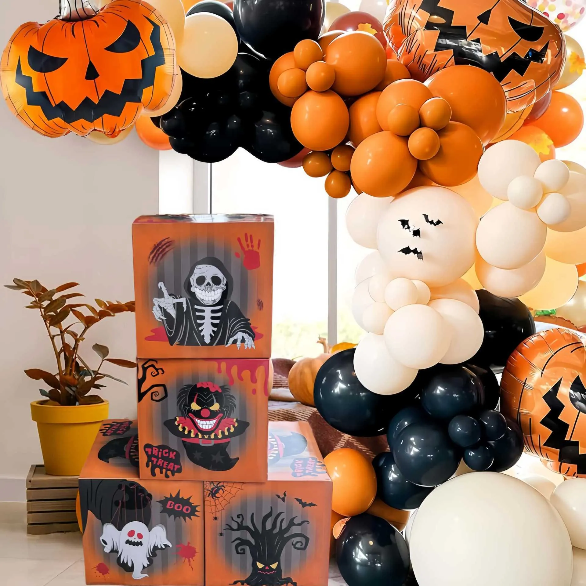 Orange blood wine bottle aluminium balloon Halloween decoration set with four ghost boxes