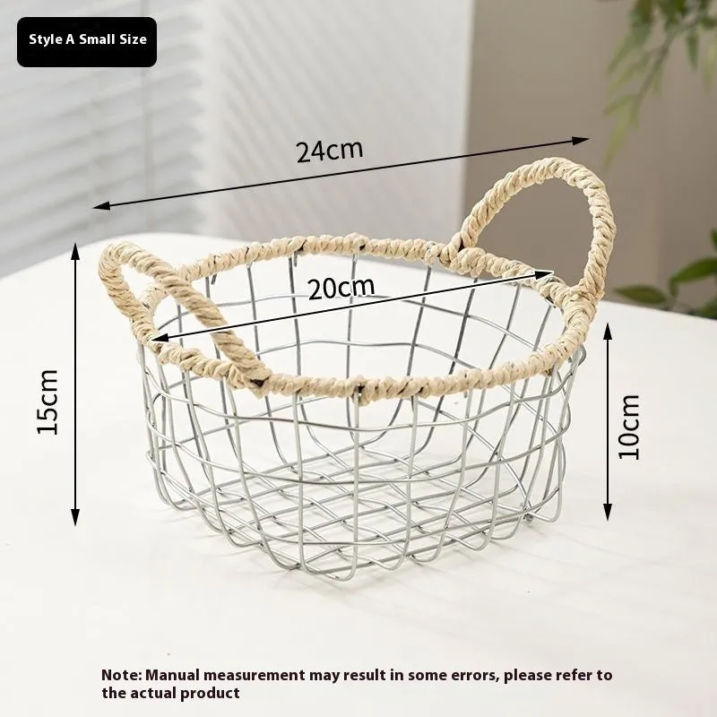 Iron wire woven storage basket with binaural ear handles for fruit and sundries in ins style