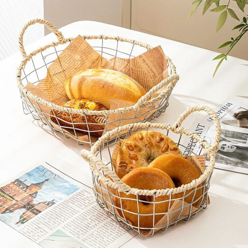 Iron wire woven storage basket with binaural ear handles for fruit and sundries in ins style