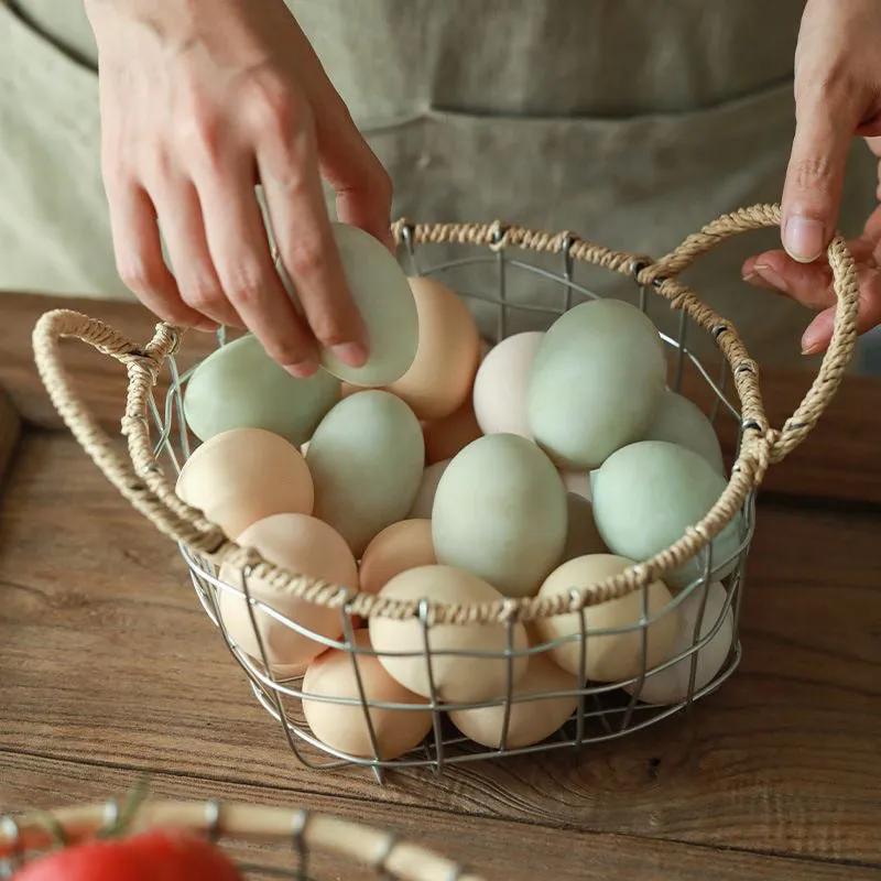 Iron wire woven storage basket with binaural ear handles for fruit and sundries in ins style