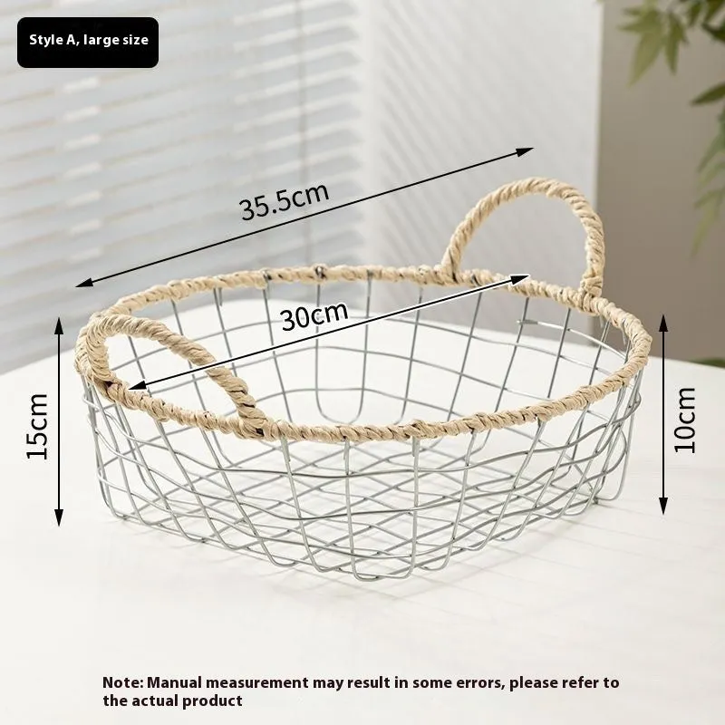 Iron wire woven storage basket with binaural ear handles for fruit and sundries in ins style
