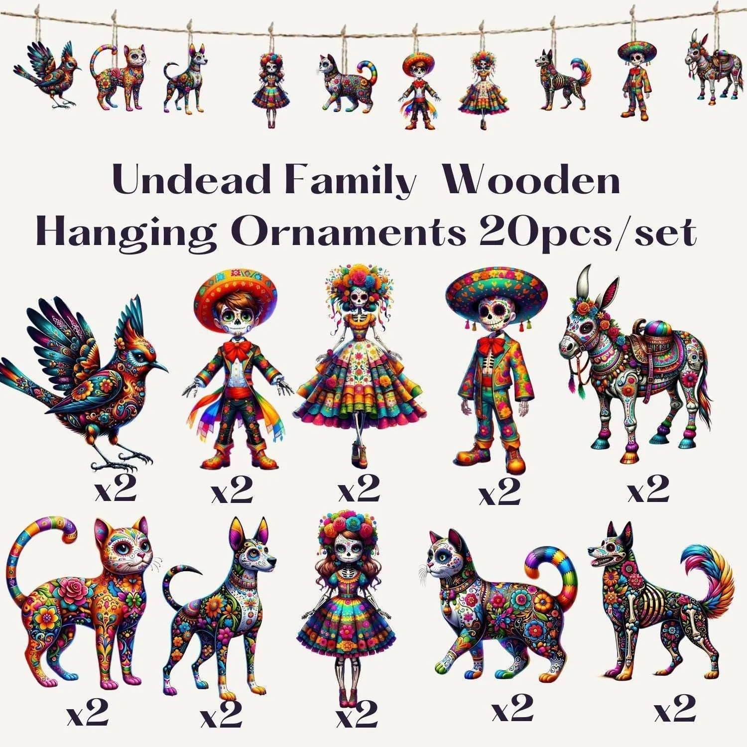 Wooden cartoon animal flat pendant home decoration set of 10 pieces Style A flat design