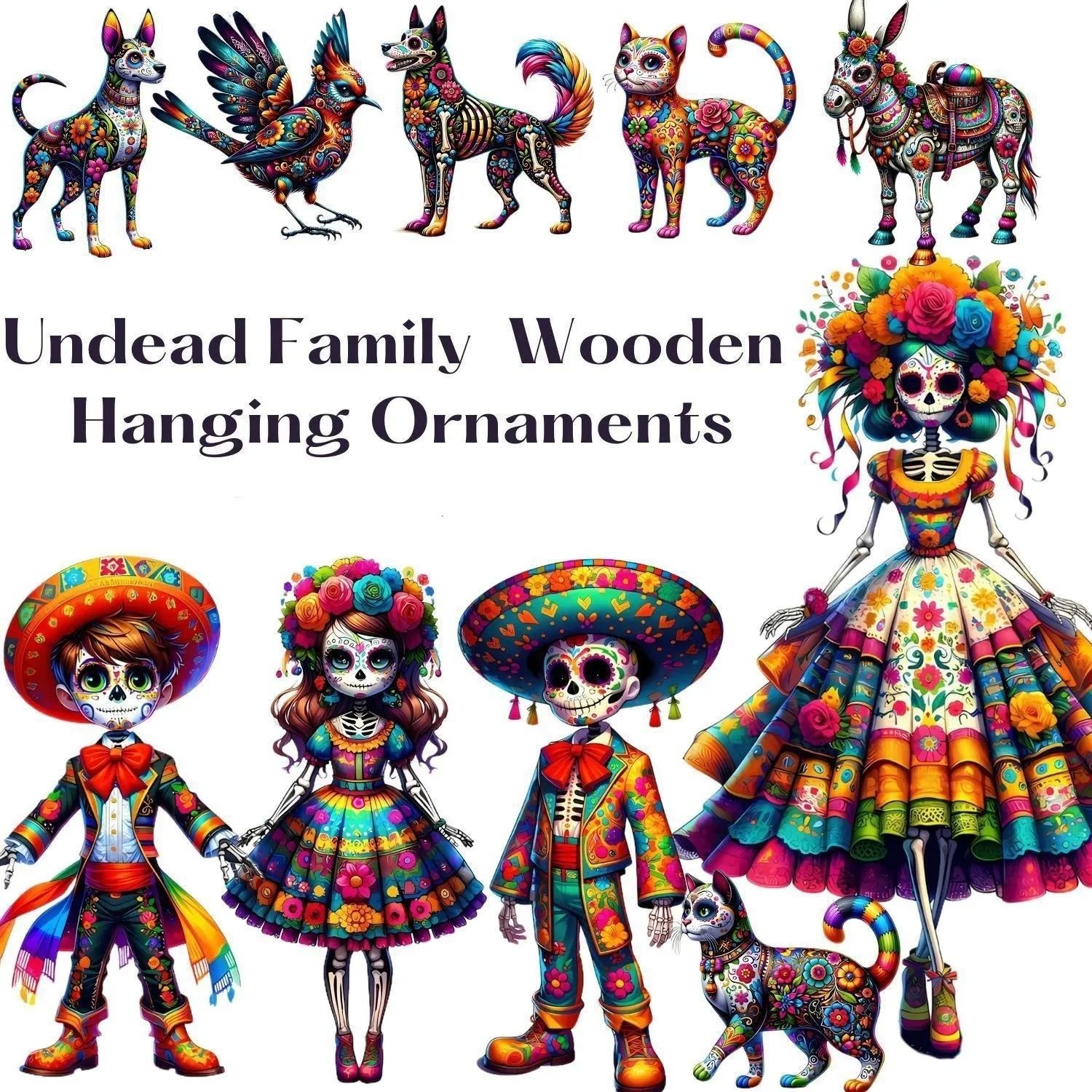 Wooden cartoon animal flat pendant home decoration set of 10 pieces Style A flat design