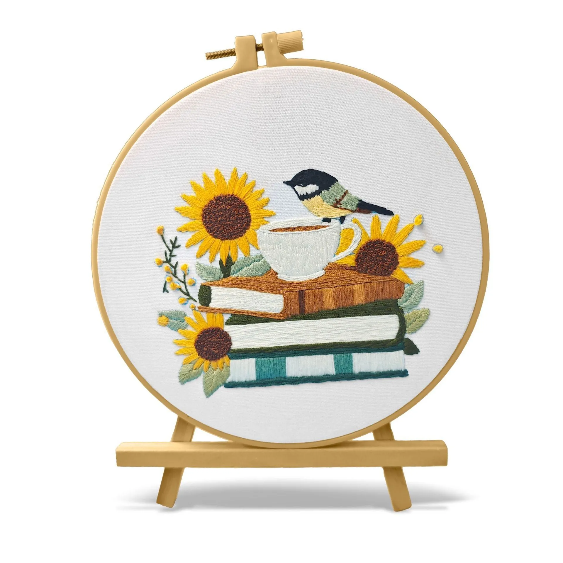 Cotton linen embroidery fabric with Bird Sunflower pattern in modern simplicity style