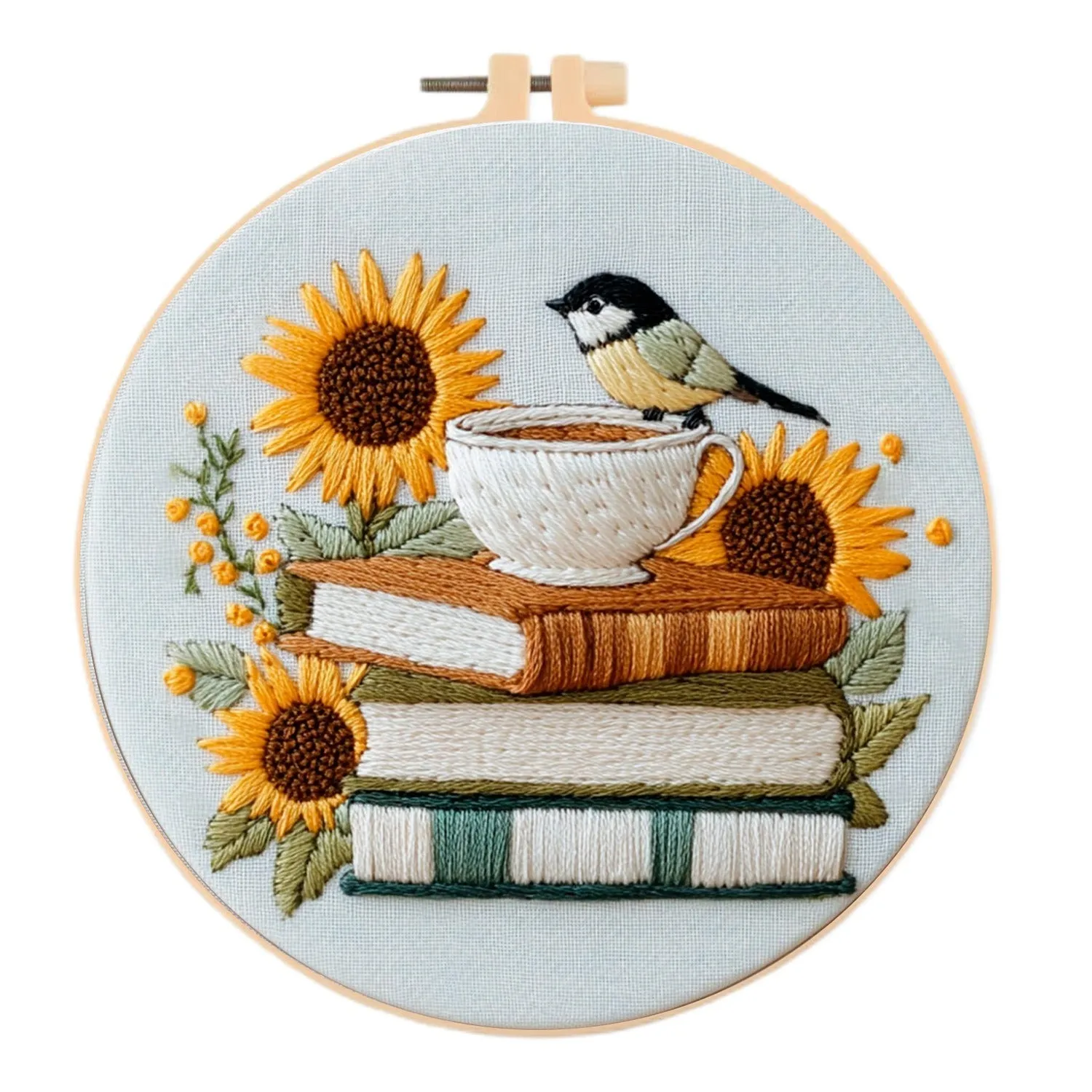 Cotton linen embroidery fabric with Bird Sunflower pattern in modern simplicity style