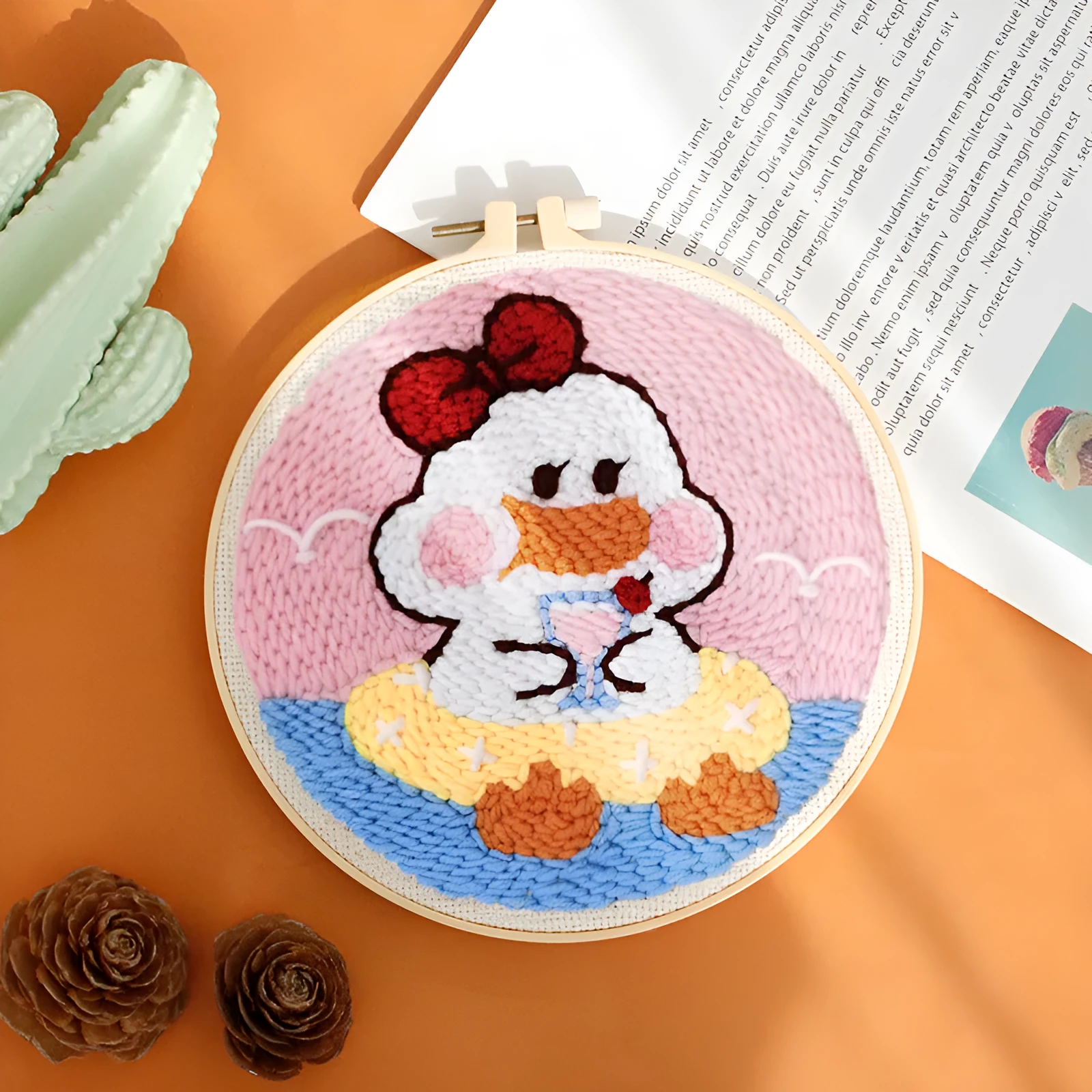 Handmade embroidery DIY kit with linen fabric and cute cartoon pattern in Flamingo Paradise style