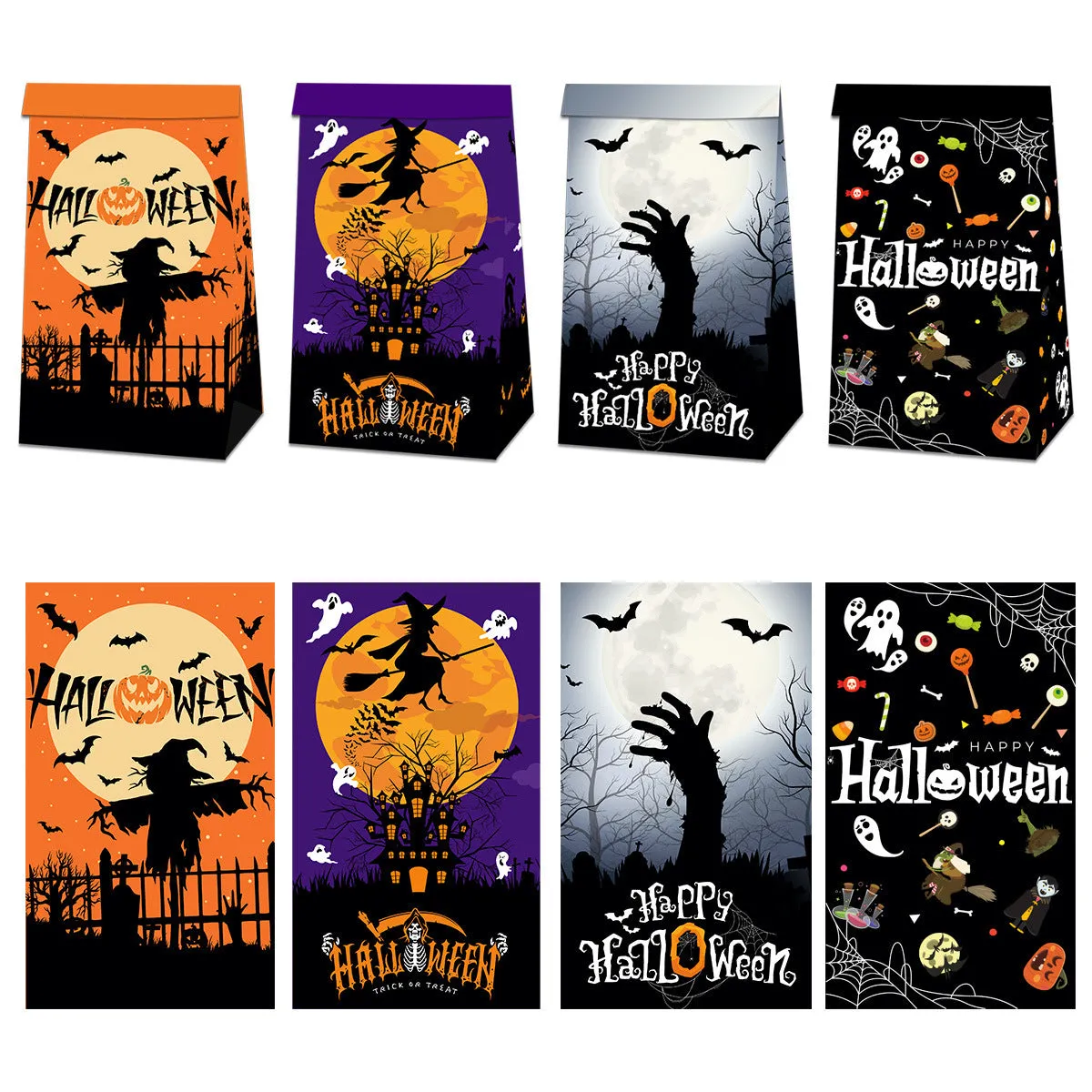 Halloween paper bag sealed sticker set showing 12 paper bags and 18 decorative stickers for candy packaging props.
