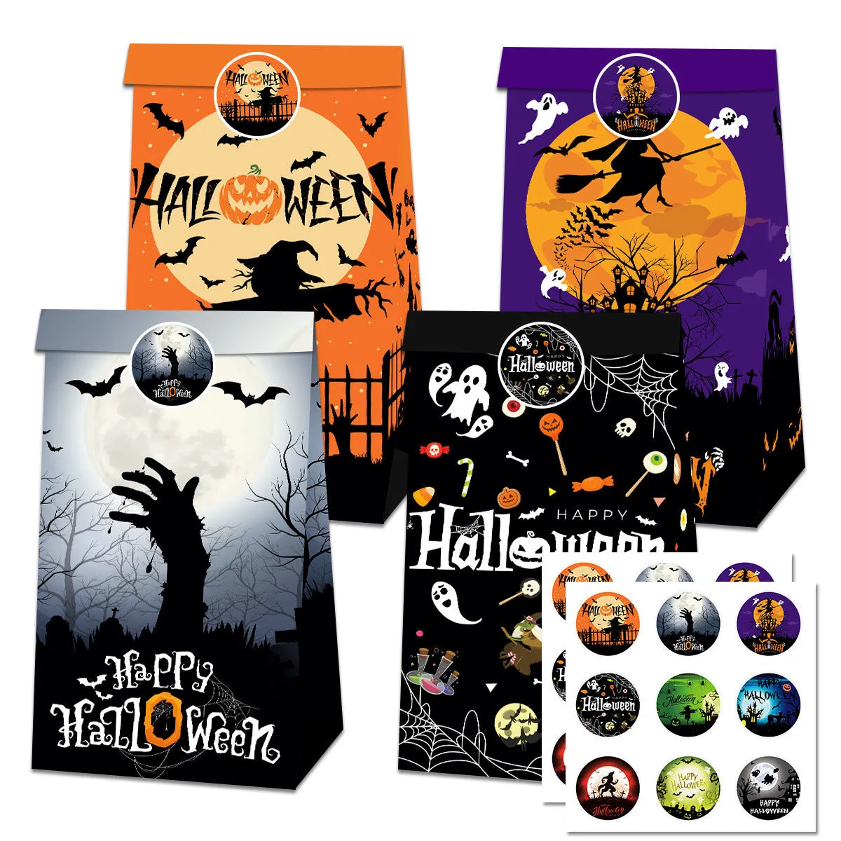 Halloween paper bag sealed sticker set showing 12 paper bags and 18 decorative stickers for candy packaging props.